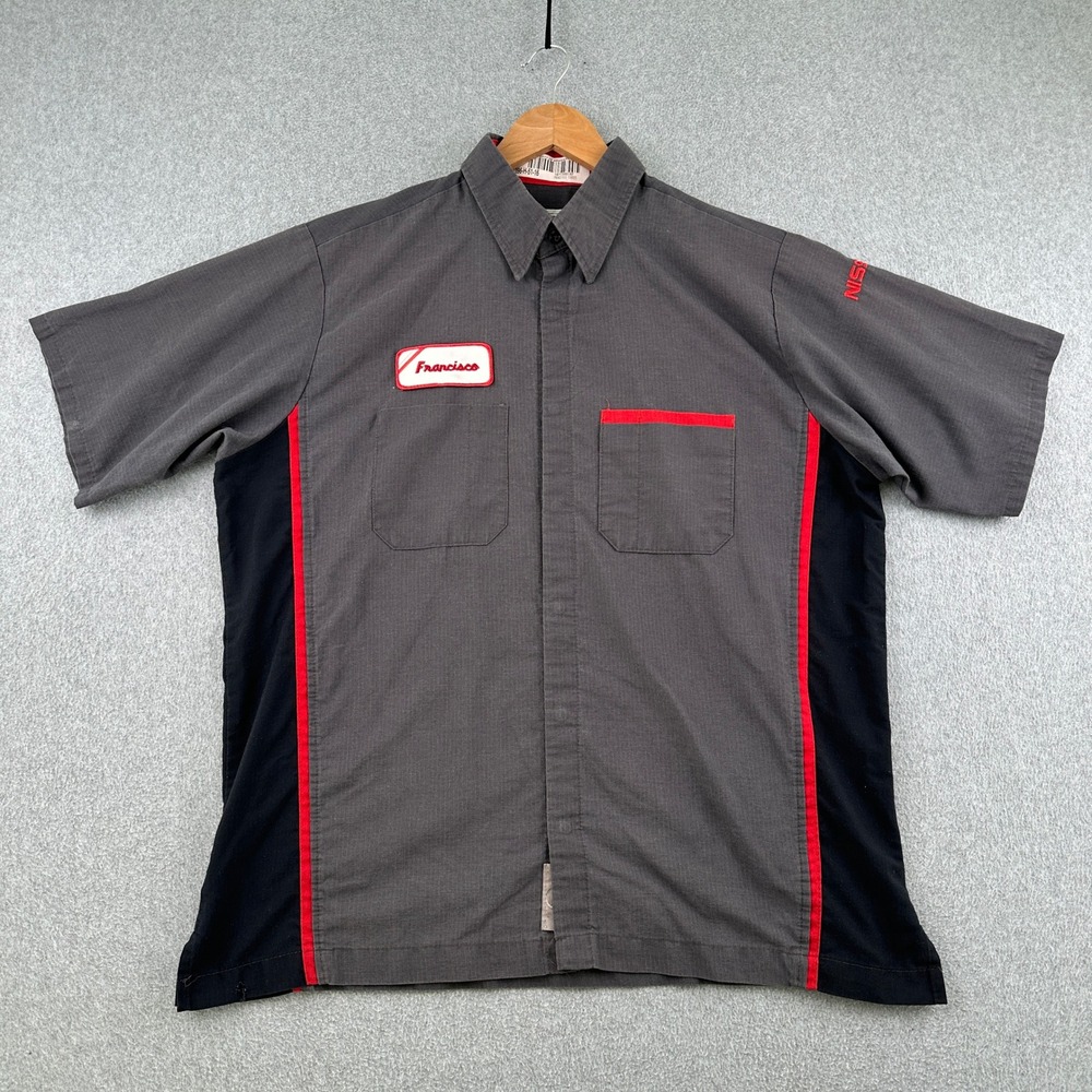 Red Kap Work Shirt Mens L Gray Nissan Francisco Mechanic Uniform Short Sleeve